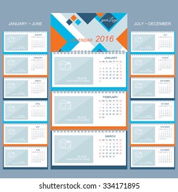 Wall calendar 2016 years . Vector design template  with place for your photo. Set of 12 Months.