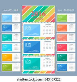 Wall calendar 2016 years . Vector design template with place for your photo. Set of 12 Months.