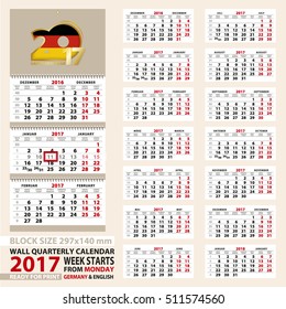 Wall calendar 2017, German and English language. Week start from Monday. Size A4, block size 297x140 mm. Vector Illustration.