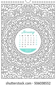 wall calendar 2017 with ornament for coloring, anti stress coloring book, january