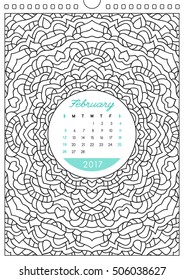 wall calendar 2017 with ornament for coloring, anti stress coloring book, february