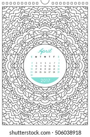 wall calendar 2017 with ornament for coloring, anti stress coloring book, april