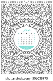 wall calendar 2017 with ornament for coloring, anti stress coloring book, june