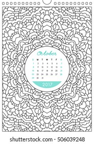 wall calendar 2017 with ornament for coloring, anti stress coloring book, october