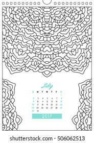 wall calendar 2017 with ornament for coloring, anti stress coloring book, july