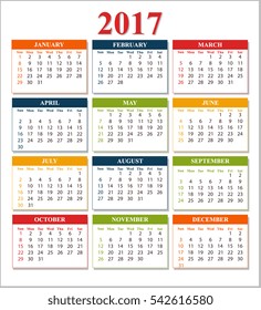 Wall Calendar for 2017 from Sunday to Saturday