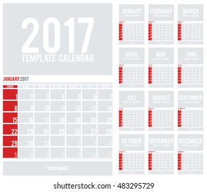 Wall Calendar for 2017. Calendar template with space for photos. Week Starts Sunday. Set of 12 Months.