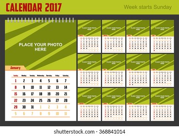 Wall Calendar 2017. Vector Template with Place for Photo. Week Starts Sunday.