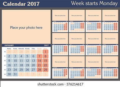 Wall Calendar 2017. Vector Template with Place for Photo. Week Starts Monday.