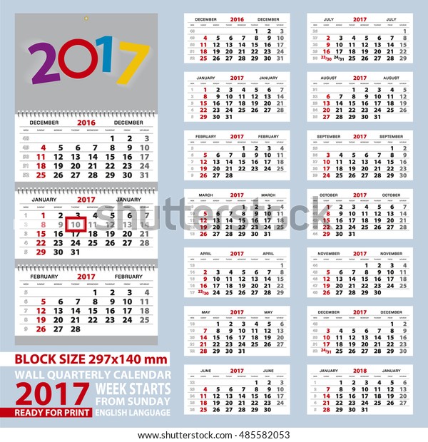 Wall Calendar 17 Week Start Sunday Stock Vector Royalty Free