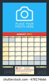 Wall Calendar for 2017 Year. August. Vector Design Print Template with Place for Photo. Dark Background. Week Starts Sunday. 3 Months on Page. Planner Template. Stationery Design