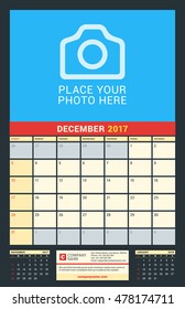 Wall Calendar for 2017 Year. December. Vector Design Print Template with Place for Photo. Dark Background. Week Starts Sunday. 3 Months on Page. Planner Template. Stationery Design