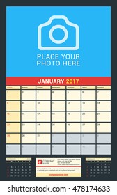 Wall Calendar for 2017 Year. January. Vector Design Print Template with Place for Photo. Dark Background. Week Starts Sunday. 3 Months on Page. Planner Template. Stationery Design