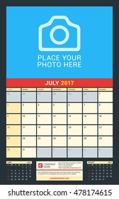 Wall Calendar for 2017 Year. July. Vector Design Print Template with Place for Photo. Dark Background. Week Starts Sunday. 3 Months on Page. Planner Template. Stationery Design