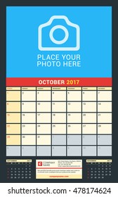 Wall Calendar for 2017 Year. October. Vector Design Print Template with Place for Photo. Dark Background. Week Starts Sunday. 3 Months on Page. Planner Template. Stationery Design