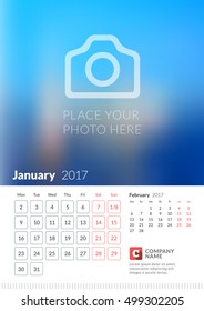 Wall Calendar for 2017 Year. Vector Print Template with Place for Photo. Week Starts Monday. 2 Months on Page. January