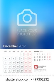 Wall Calendar for 2017 Year. Vector Print Template with Place for Photo. Week Starts Monday. 2 Months on Page. December