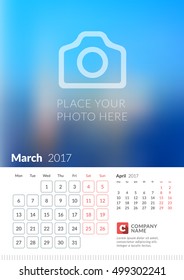 Wall Calendar for 2017 Year. Vector Print Template with Place for Photo. Week Starts Monday. 2 Months on Page. March