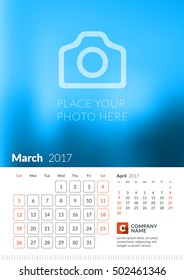 Wall Calendar for 2017 Year. Vector Print Template with Place for Photo. Week Starts Sunday. 2 Months on Page. March