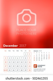 Wall Calendar for 2017 Year. Vector Print Template with Place for Photo. Week Starts Sunday. 2 Months on Page. December
