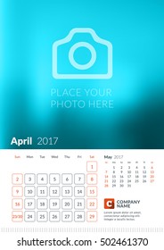 Wall Calendar for 2017 Year. Vector Print Template with Place for Photo. Week Starts Sunday. 2 Months on Page. April