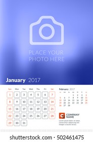 Wall Calendar for 2017 Year. Vector Print Template with Place for Photo. Week Starts Sunday. 2 Months on Page. January