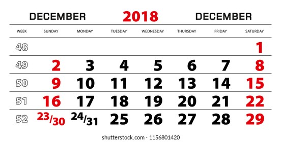 Wall calendar 2018 for december, week start from sunday. Block size 297x140 mm.