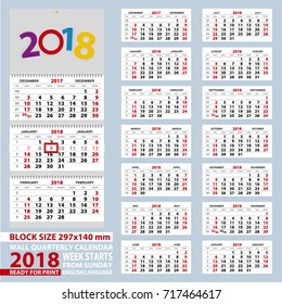 Wall calendar 2018, week start from Sunday. Size A4, block size 297x140 mm. Vector Illustration.