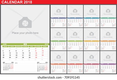 Wall Calendar 2018. Week Starts on Monday. Seasons of different colors. Calendar template January - December, vector illustration. Template with Place for Photo.