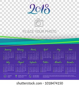 Wall calendar 2018 year, copy space atop transparent background. Chart with empty backdrop for photos. Vector illustration menology with decorative elements