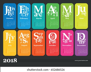 Wall calendar for 2018 year. Multicolored pages. Week start sunday, classic grid, english. Editable vector template for web and print design.