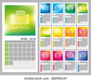 Wall calendar for 2018 year with place for your photo. Multicolored pages. Week start sunday, classic grid, english. Editable vector template for web and print design.