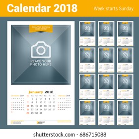 Wall Calendar for 2018 Year. Vector Design Print Template with Place for Photo. Week Starts on Sunday