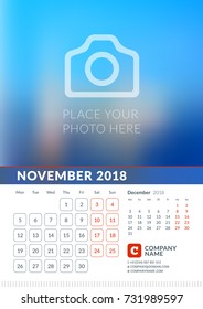 Wall Calendar for 2018 Year. Vector Print Template with Place for Photo. Week Starts on Monday. 2 Months on Page. November