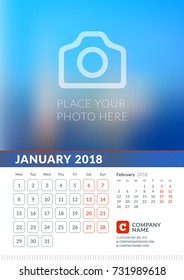 Wall Calendar for 2018 Year. Vector Print Template with Place for Photo. Week Starts on Monday. 2 Months on Page. January