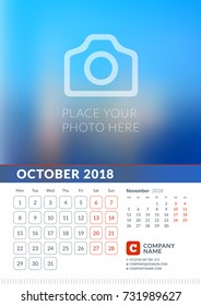 Wall Calendar for 2018 Year. Vector Print Template with Place for Photo. Week Starts on Monday. 2 Months on Page. October