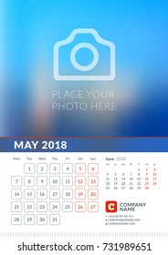 Wall Calendar for 2018 Year. Vector Print Template with Place for Photo. Week Starts on Monday. 2 Months on Page. May