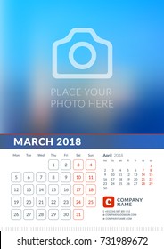 Wall Calendar for 2018 Year. Vector Print Template with Place for Photo. Week Starts on Monday. 2 Months on Page. March