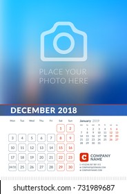 Wall Calendar for 2018 Year. Vector Print Template with Place for Photo. Week Starts on Monday. 2 Months on Page. December