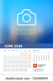 Wall Calendar for 2018 Year. Vector Print Template with Place for Photo. Week Starts on Monday. 2 Months on Page. June