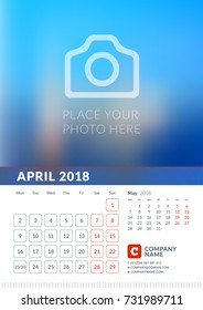 Wall Calendar for 2018 Year. Vector Print Template with Place for Photo. Week Starts on Monday. 2 Months on Page. April