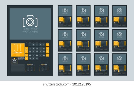 Wall calendar for 2018 year. Week starts on Monday. Vector design print template