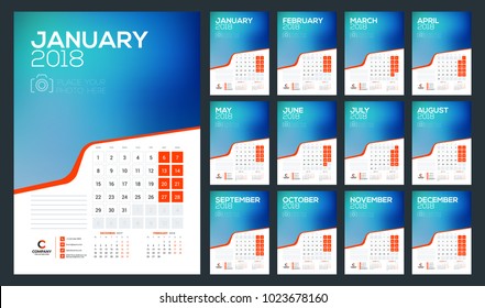 Wall calendar for 2018 year. Week starts on Monday. Vector design print template