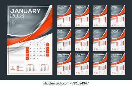 Wall calendar for 2018 year. Week starts on Monday. Vector design print template