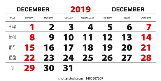 Wall calendar 2019 for december, week start from sunday. Block size 297x140 mm.