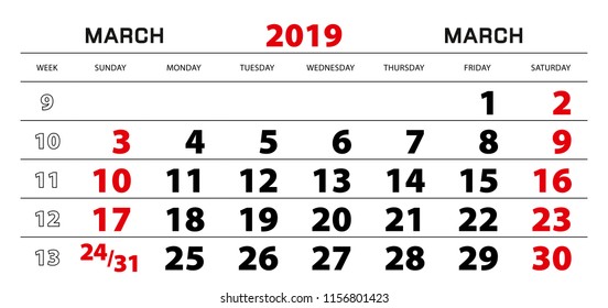 Wall calendar 2019 for march, week start from sunday. Block size 297x140 mm.