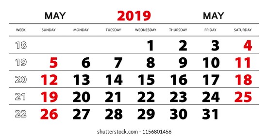 Wall calendar 2019 for may, week start from sunday. Block size 297x140 mm.