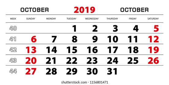 Wall calendar 2019 for october, week start from sunday. Block size 297x140 mm.