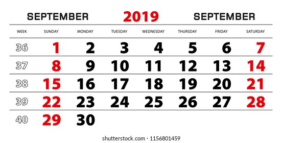 Wall calendar 2019 for september, week start from sunday. Block size 297x140 mm.