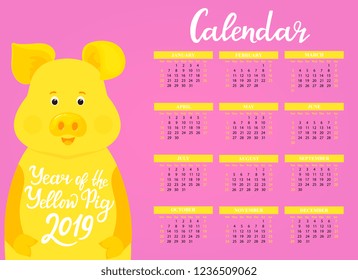 Wall Calendar for 2019 from Sunday to Saturday. Chinese New Year of the yellow earth pig. Cute piggy